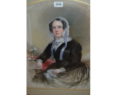 Thomas Richmond, watercolour, portrait of a seated Victorian lady wearing a lace bonnet, signed Thomas Richmond and dated 184