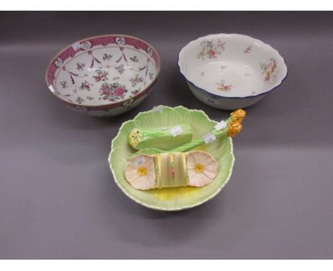 Continental floral and enamel decorated fruit bowl (restored) together with another floral decorated basin, a Grimwades salad