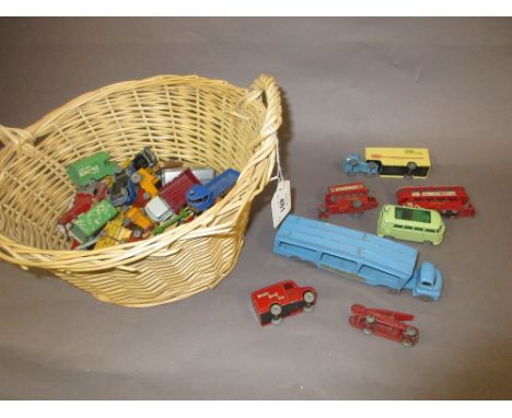 Tray containing a quantity of various Lesney die-cast model vehicles including buses, trucks, fire engine etc.