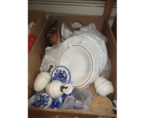 Box containing three porcelain rise and fall mechanisms and three opal glass shades together with a ceiling lamp with plate