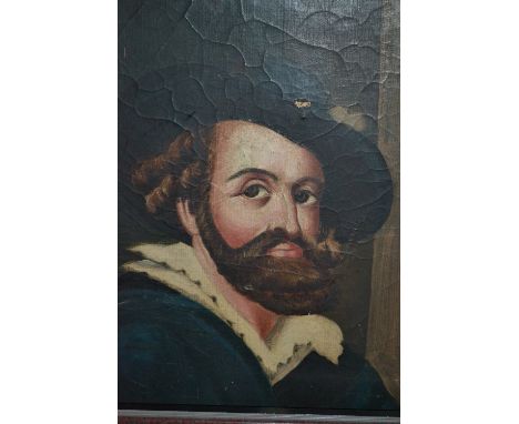 Oil on canvas, head and shoulder portrait of a bearded gentleman, together with a quantity of various prints, oils etc