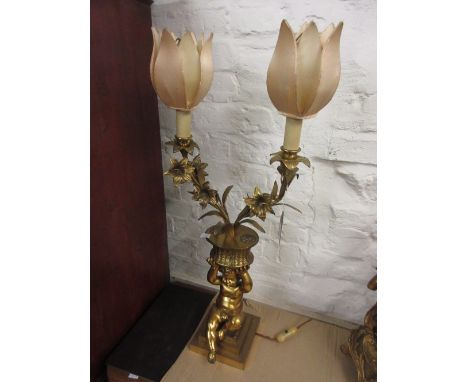 Late 19th or early 20th Century gilt brass twin light candelabra mounted with a seated figure of putto, adapted for use with 