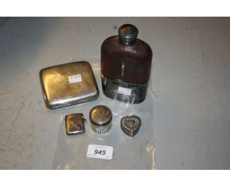 Silver vesta case, heart shaped box and cigarette case, together with a plated hip flask and a glass jar with plated mount