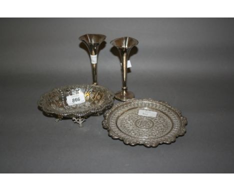 Small London silver oval embossed and pierced trinket dish, an oriental white metal dish and a Sheffield silver specimen vase