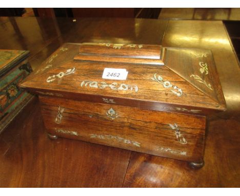 19th Century rosewood mother of pearl inlaid tea caddy with a two division interior with mixing bowl