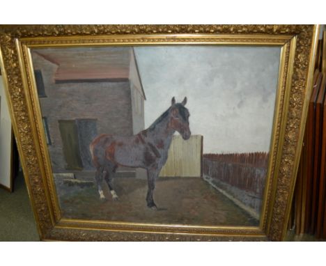 Early 20th Century oil on canvas, portrait of a horse in a stable yard, indistinctly signed, 24ins x 29ins, gilt framed