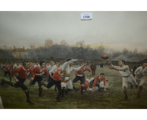 Ebonised and gilt framed coloured print, titled ' A Rugby Match ' after W.B. Wollen, inscribed Newcastle Upon Tyne, 31st Marc