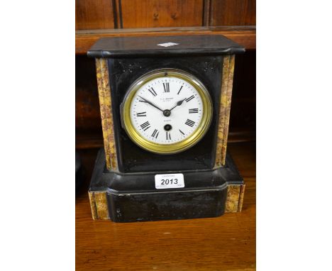 19th Century black slate and marble mantel clock, the circular enamel dial with Roman numerals, having single train movement 