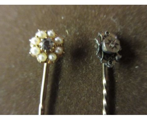 Victorian gold flower head stick pin set diamond and split pearls, together with another small diamond set stick pin