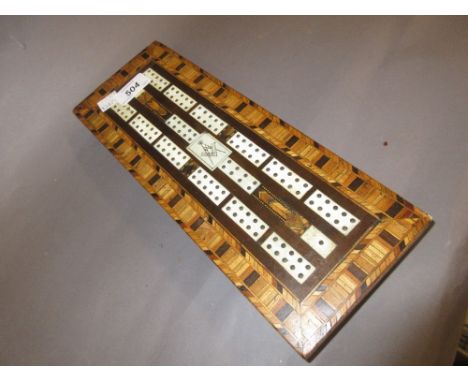19th Century parquetry and bone inlaid cribbage board, bearing a Masonic emblem