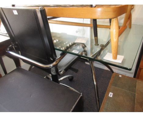 Modern glass and chrome table / desk together with a black leather swivel office chair together with a modern painted six she