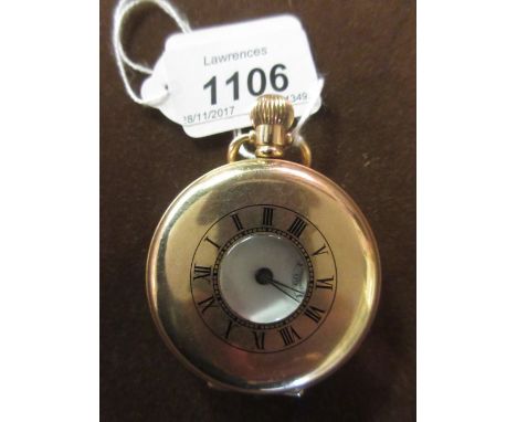 Gold plated half hunter crown wind pocket watch, the enamel dial with Arabic numerals and subsidiary seconds