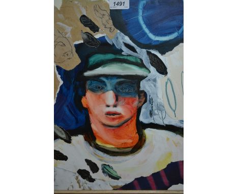 Robert Littleford, signed mixed media with collage, portrait of a young man, 18ins x 15.5ins