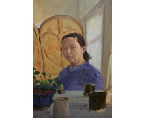 Late 20th Century oil on board, head and shoulder portrait of a lady at a breakfast table, monogrammed P.K.O., dated '98, 33i