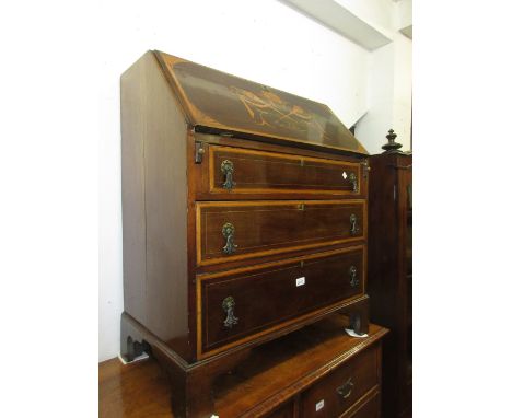 Edwardian mahogany satinwood crossbanded and marquetry inlaid bureau with a fall front above three drawers on bracket feet