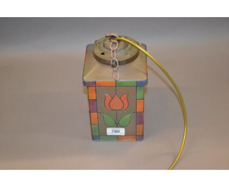 Small Art Deco painted glass square hanging lamp