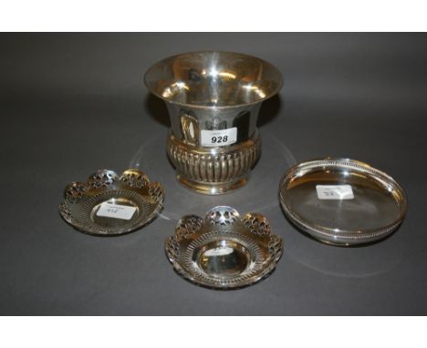 London silver vase of baluster half fluted form, a Birmingham silver shallow pedestal trinket dish and a pair of circular sha