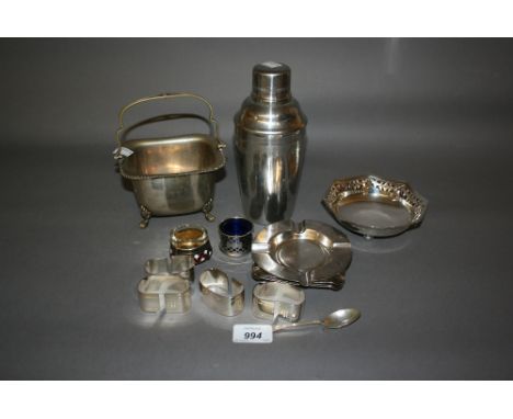 Enamel decorated gilt metal salt, quantity of plated napkin rings and other plated items