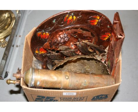 Box containing a quantity of various decorative copper and brass including a brass grinder