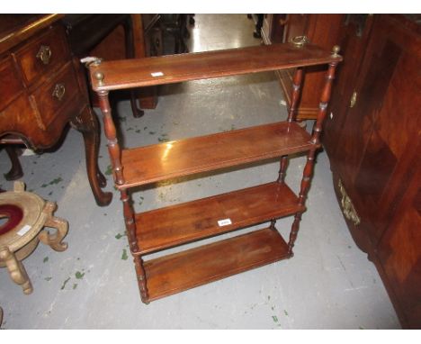 19th Century mahogany and inlaid rectangular four tier wall shelf with turned supports