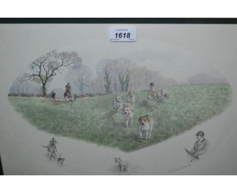 Nigel Hemming, pair of coloured hunting prints in gilt frames, signed in pencil by the artist together with an oil on canvas,