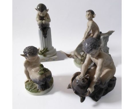 Four mid-20th century Royal Copenhagen porcelain figures (Danish factory): faun seated on fluted column with pan pipes, faun 