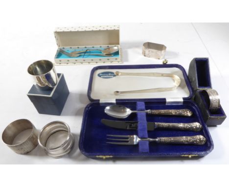Various assorted silverware to include:a hallmarked sterling-silver set comprising knife, fork and spoon (cased)a heavy silve