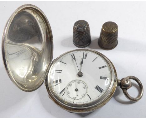 A late 19th / early 20th century silver-cased full-hunter pocket watch; white enamel dial, key-wind movement and the subsidia