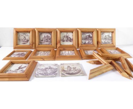 Thirteen early puce-coloured Delftware tiles (probably 18th century) with unusual depictions to include 'Ester: 5:7', a bird 