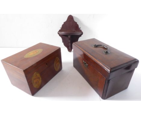 An 18th century banded mahogany tea caddy with key, segmented interior (37cm wide), together with a further, smaller caddy de