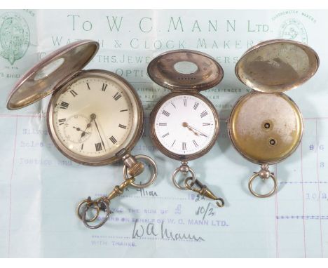 A late 19th / early 20th century silver-cased hunter pocket watch, the outer dial with blue-enamel Roman numerals and the inn
