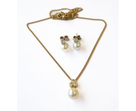 A cultured pearl and diamond-set pendant on chain; the ovoid pearl (diameter 8mm) to the brilliant-cut trefoil surmount to be