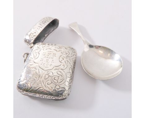 A silver vesta case and a caddy spoon (Birmingham 1907 and 1934)