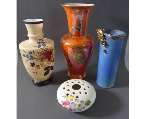 Two ceramic and two glass vases:an Elizabeth Radford tulip holdera Wiltonware vase with a lustre glaze, hand gilded and decor