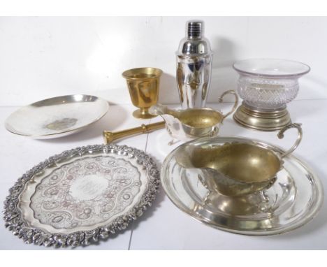 Silver plate to include an early 19th century Sheffield plated salver with cast foliate-style border in relief and centrally 