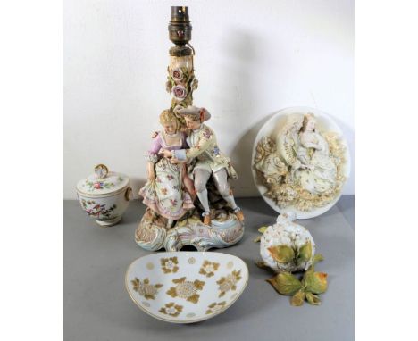 Ceramics to include a German-style&nbsp;porcelain&nbsp;figural lamp (damaged and repaired), an early 20th century bisque porc