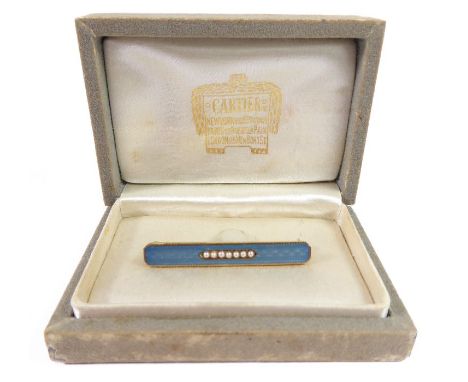 An early 20th century enamel, seed pearl and yellow gold bar brooch; the shaped rectangular pale-blue guilloché enamel plaque