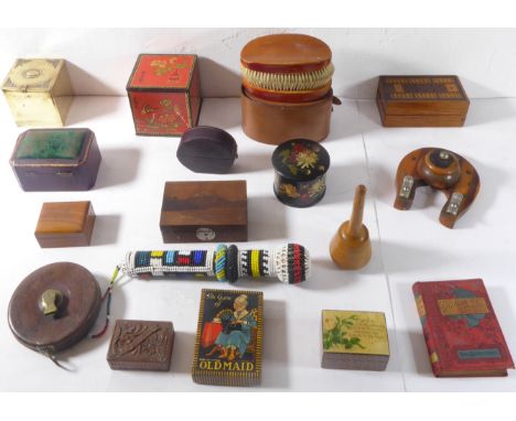 A Japanese box; the lid decorated with Fujiyama and opening to reveal sections for stamps, a 19th circular papier-mâché box d