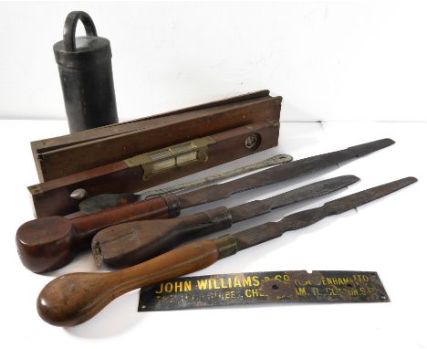 Tools and metalwork etc. to include three oversized 19th century engineer's screwdrivers, a brass mounted spirit level, a 19t