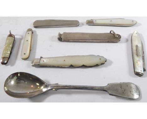 An assortment of eight, mostly fruit- and pen-knives:three 19th century mother of pearl handled fruit-knives with hallmarked 