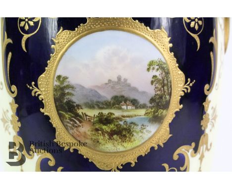 Coleport hand painted vase, lemon ground with cobalt-blue cartouche painted with a Highland scene, heightened with gilt, appr