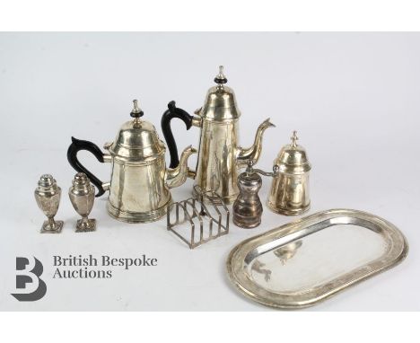 Silver plated coffee trio, comprising coffee jug, milk jug and sugar bowl together with two silver peppers London hallmark, m