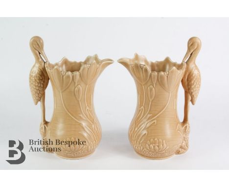 Pair of Sylvac heron jugs, mr 1960, approx 26 cms h; together with five Goebel figurines, two measure 15 cms and the rest bet