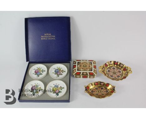 Royal Crown Derby porcelain, including a square trinket dish and cover approx 11.5 x 10 cms; scalloped trinket dish 13 x 9 cm