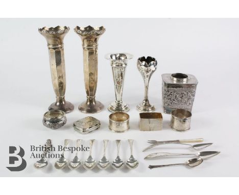 Miscellaneous silver including two silver vases Birmingham hallmark approx 18.5 cms; two silver bud vases (marks rubbed); coi