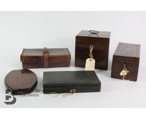 Rosewood tea caddy, complete with key, approx 13 x 13 x 13 cms; a travelling mirror approx 17 x 11 cms (one mirror cracked); 