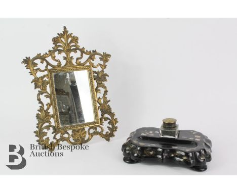 Late Victorian Papier-Mâché ink stand, decorated in the chinoiserie style heightened with abalone shell, supported on bun fee
