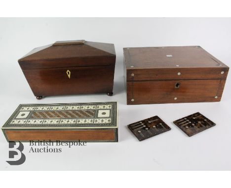 Mahogany double tea caddy, sarcophagus form (fitted interior has been removed); together with an Indian Sadeli marquetry box 