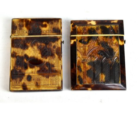 Two Victorian tortoiseshell card cases, each with embossed Gothic style decoration depicting a church and interior of a churc