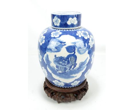 A good and large 19th century Chinese porcelain blue and white ginger jar and cover, painted with chi-chi within prunus flowe